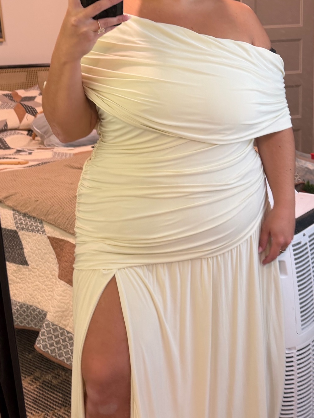 PrettyLittleThing Cream One-Shoulder Ruched Maxi Dress with Side Slit
